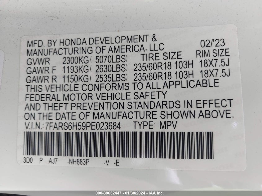 VIN 7FARS6H59PE023684 2023 HONDA CR-V SPORT