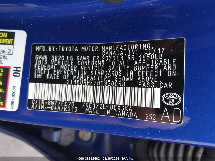 VIN 2T1BURHE7HC930058 2017 TOYOTA COROLLA SE