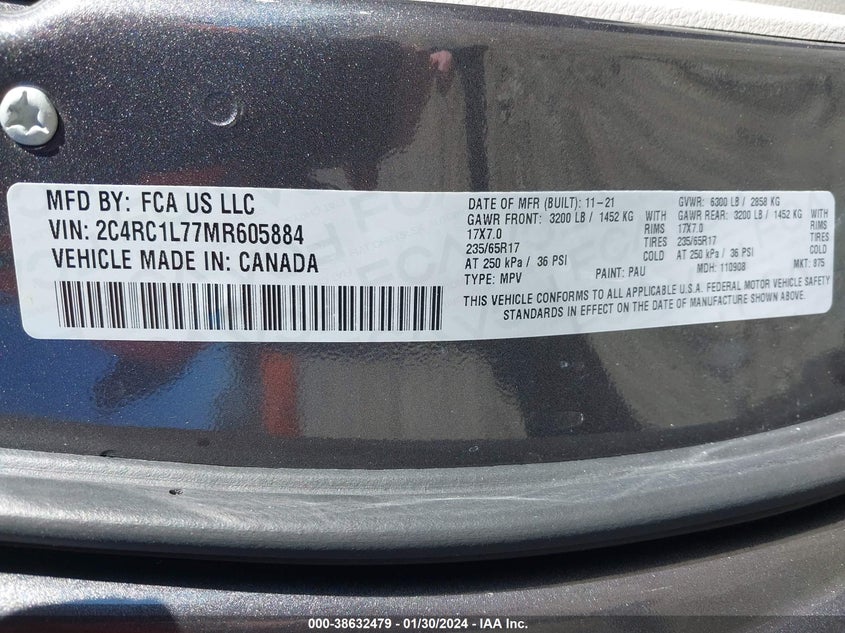 VIN 2C4RC1L77MR605884 2021 CHRYSLER PACIFICA HYBRID TOURING L