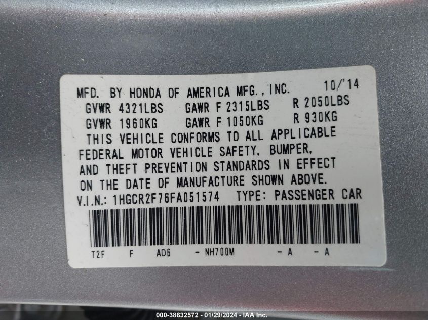 2015 HONDA ACCORD EX - 1HGCR2F76FA051574