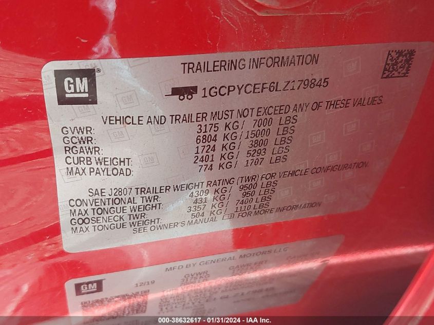 2020 CHEVROLET SILVERADO 1500 4WD  SHORT BED CUSTOM TRAIL BOSS - 1GCPYCEF6LZ179845