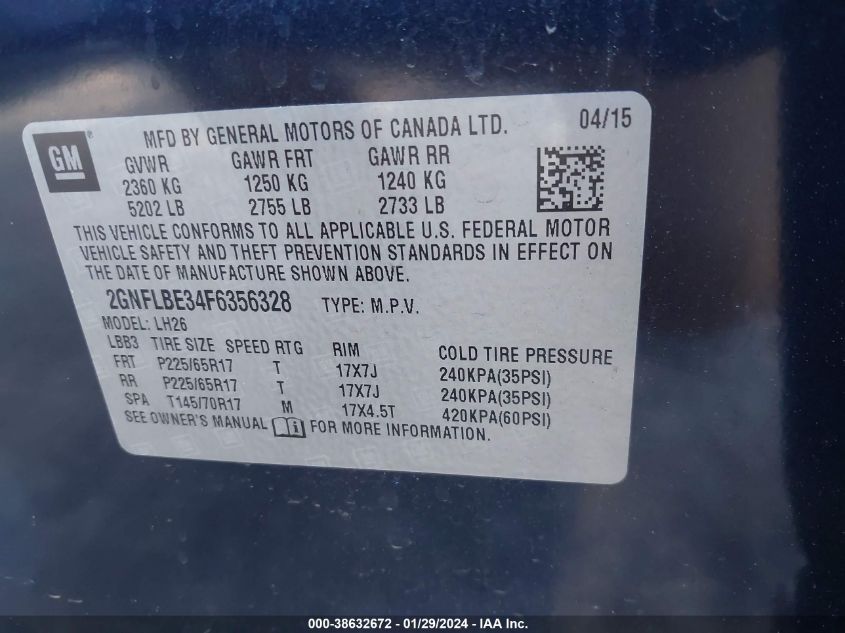 2015 CHEVROLET EQUINOX 1LT - 2GNFLBE34F6356328