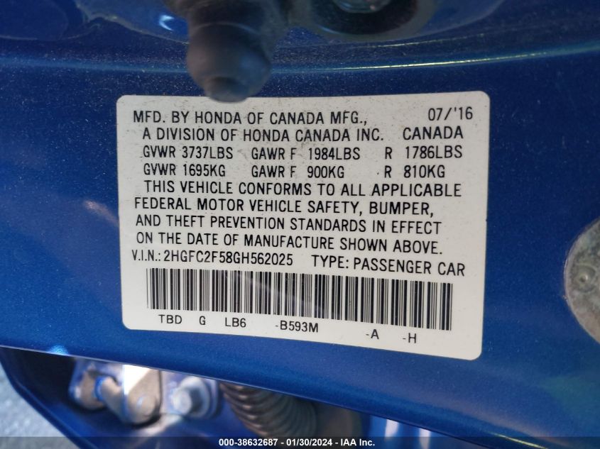 2016 HONDA CIVIC LX - 2HGFC2F58GH562025
