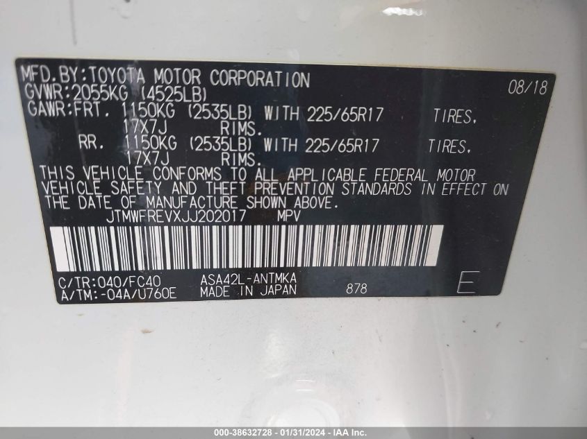 2018 TOYOTA RAV4 XLE - JTMWFREVXJJ202017