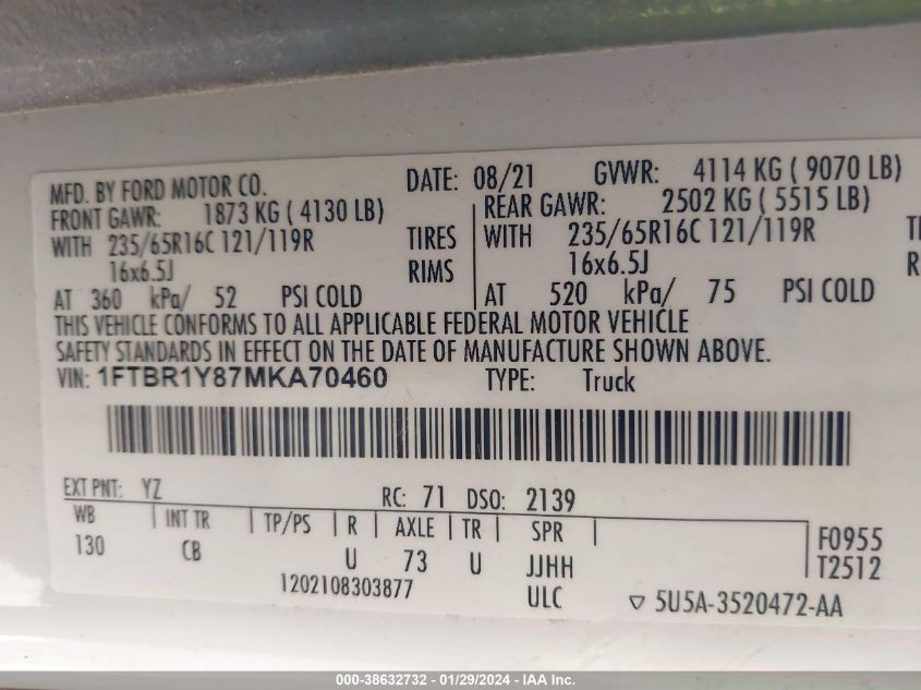 2021 FORD TRANSIT-250 - 1FTBR1Y87MKA70460