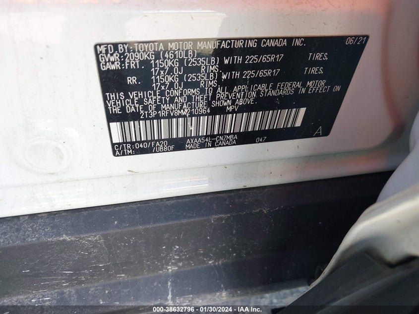 VIN 2T3P1RFV8MW210964 2021 TOYOTA RAV4 XLE