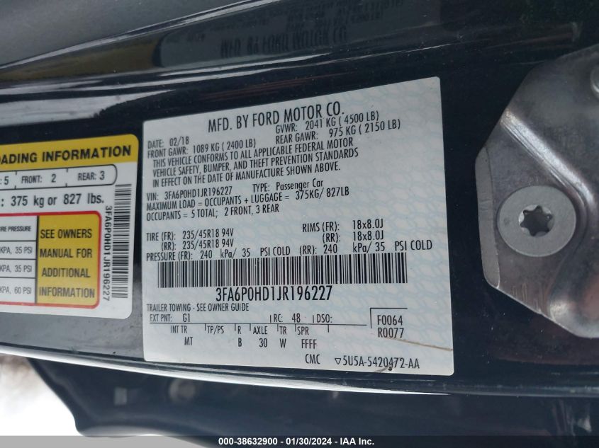 2018 FORD FUSION SE - 3FA6P0HD1JR196227