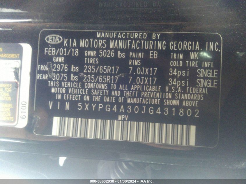 2018 KIA SORENTO 2.4L L - 5XYPG4A30JG431802