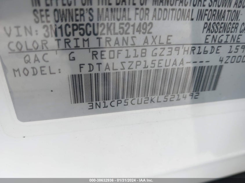 VIN 3N1CP5CU2KL521492 2019 NISSAN KICKS SV
