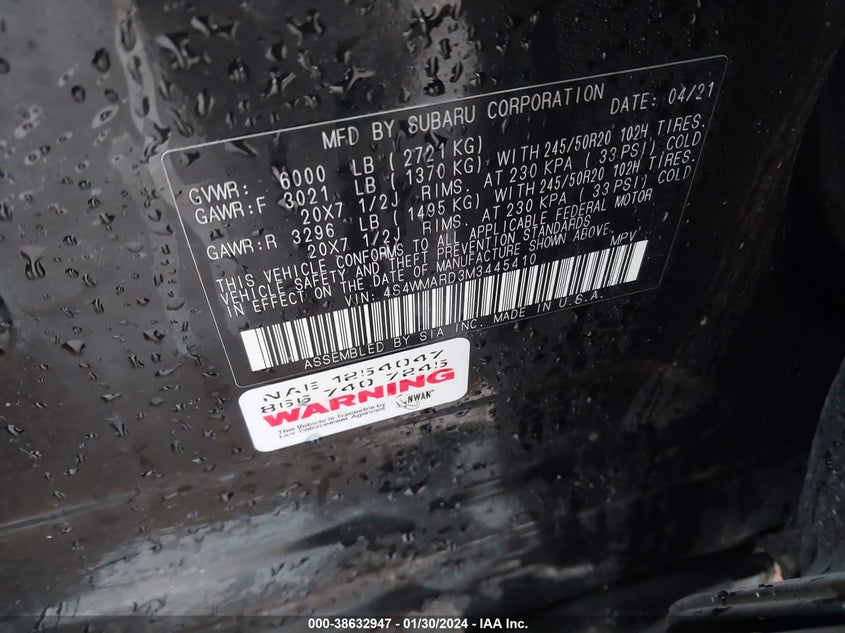 VIN 4S4WMARD3M3445410 2021 SUBARU ASCENT TOURING