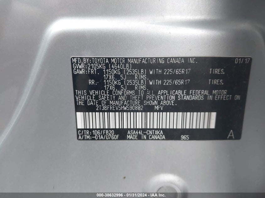 VIN 2T3BFREV5HW590882 2017 TOYOTA RAV4 LE
