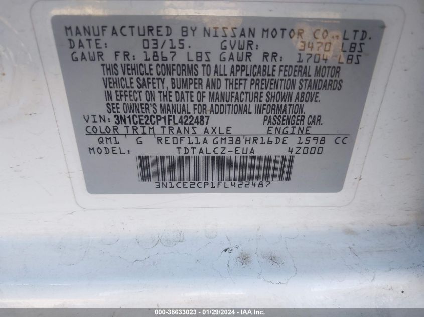 2015 NISSAN VERSA NOTE S (SR)/S PLUS/SL/SR/SV - 3N1CE2CP1FL422487
