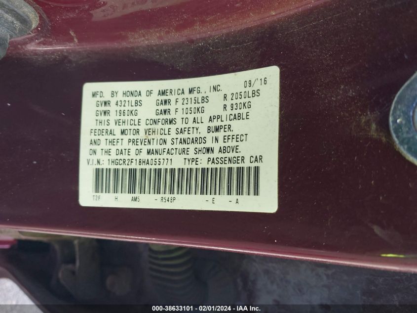 2017 HONDA ACCORD SPORT SE - 1HGCR2F18HA055771