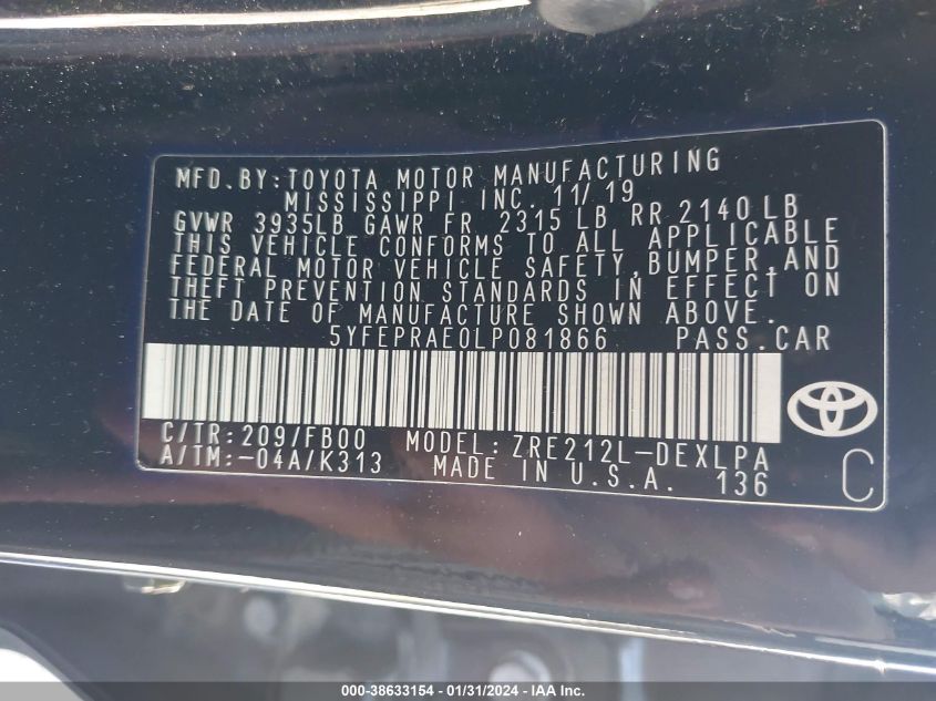 2020 TOYOTA COROLLA LE - 5YFEPRAE0LP081866