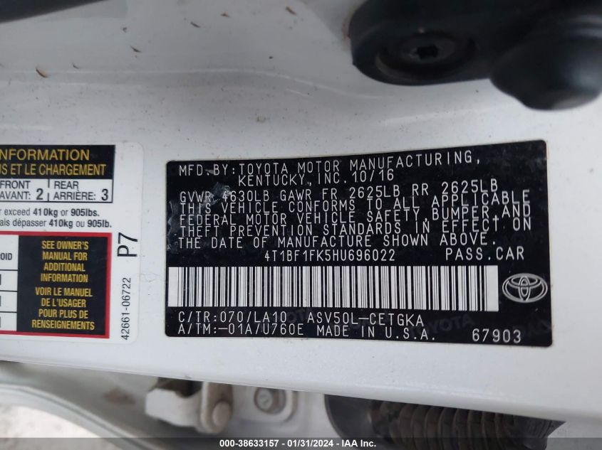 2017 TOYOTA CAMRY XLE - 4T1BF1FK5HU696022