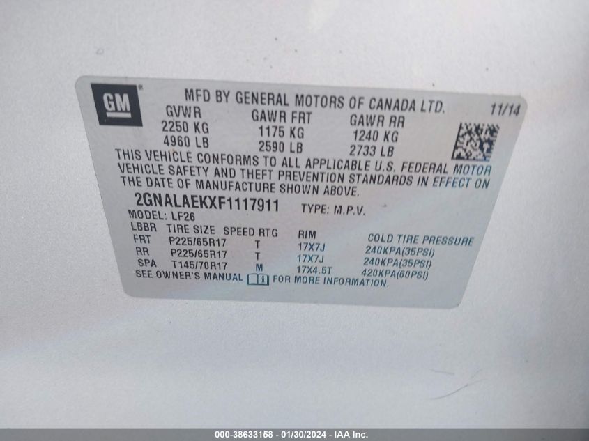 2015 CHEVROLET EQUINOX LS - 2GNALAEKXF1117911
