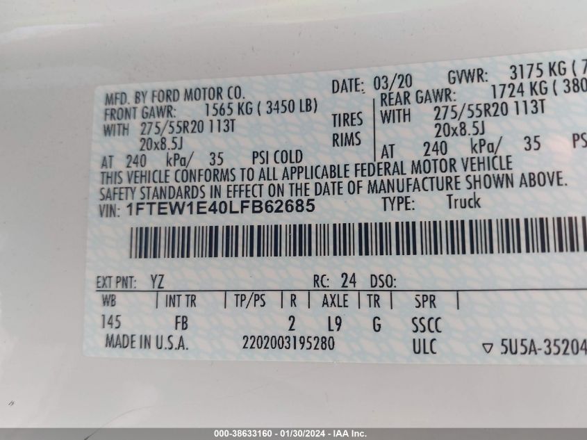 2020 FORD F-150 XLT - 1FTEW1E40LFB62685