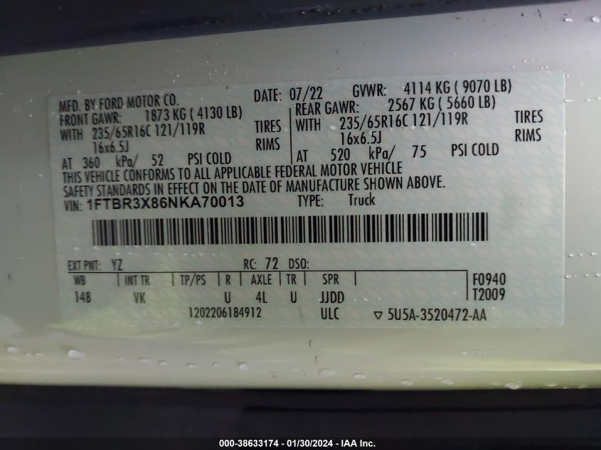2022 FORD TRANSIT-250 CARGO VAN 1FTBR3X86NKA70013