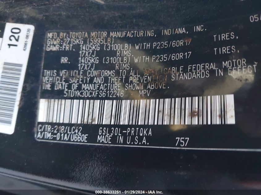 2015 TOYOTA SIENNA XLE 8 PASSENGER - 5TDYK3DCXFS612246