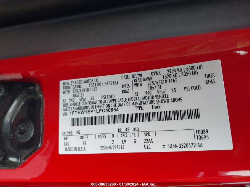 2020 FORD F-150 SUPERCREW - 1FTEW1EP1LFC40854