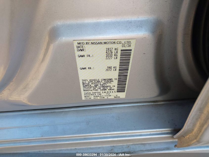 2016 NISSAN ALTIMA 2.5/S/SV/SL/SR - 1N4AL3AP5GC163315
