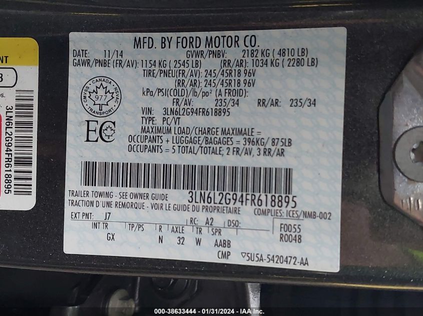 2015 LINCOLN MKZ - 3LN6L2G94FR618895