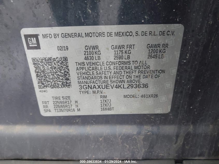 2019 CHEVROLET EQUINOX LT - 3GNAXUEV4KL293636