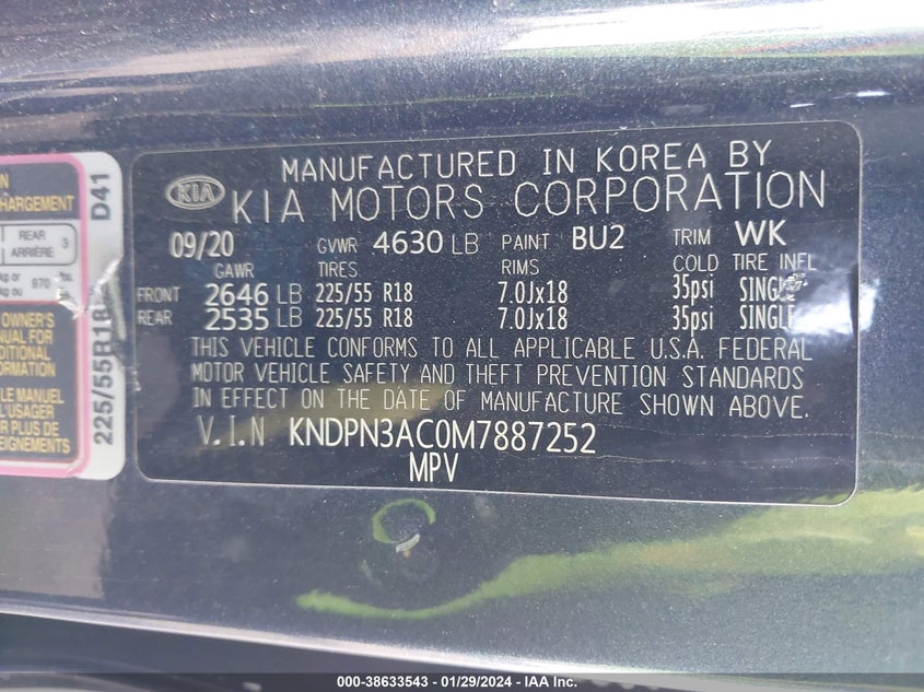 VIN KNDPN3AC0M7887252 2021 KIA SPORTAGE EX
