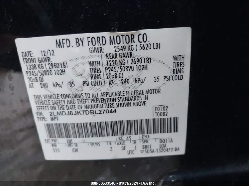 2013 LINCOLN MKX - 2LMDJ8JK7DBL27044