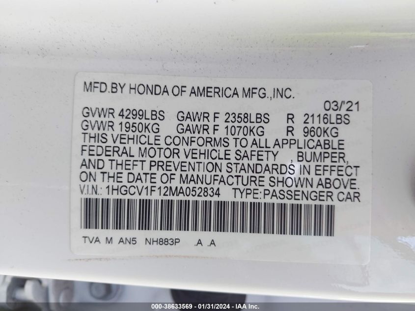 2021 HONDA ACCORD LX - 1HGCV1F12MA052834