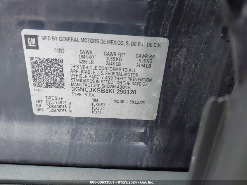 2019 CHEVROLET TRAX LS - 3GNCJKSB8KL290120