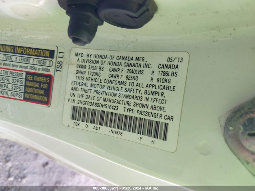 2013 HONDA CIVIC EX - 2HGFG3A80DH516423