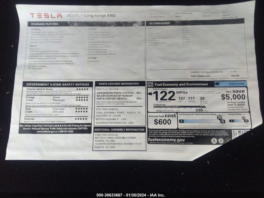 2023 TESLA MODEL Y AWD/LONG RANGE DUAL MOTOR ALL-WHEEL DRIVE - 7SAYGDEE8PA137855