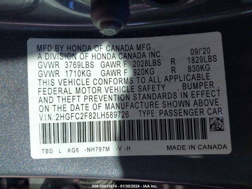 2020 HONDA CIVIC SPORT - 2HGFC2F82LH589726