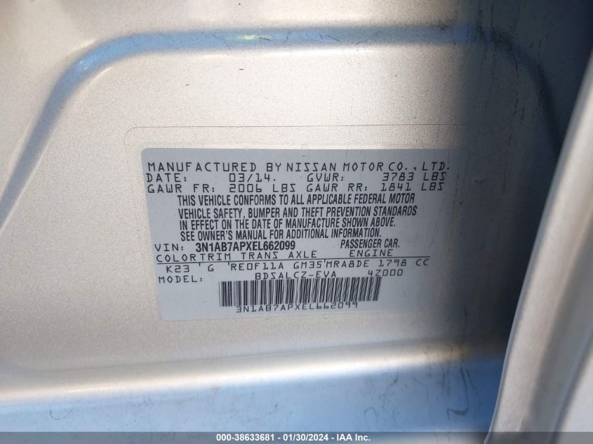 2014 NISSAN SENTRA S/SV/SR/SL - 3N1AB7APXEL662099