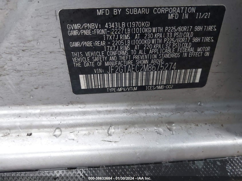 VIN JF2GTAEC2M8675274 2021 SUBARU CROSSTREK PREMIUM
