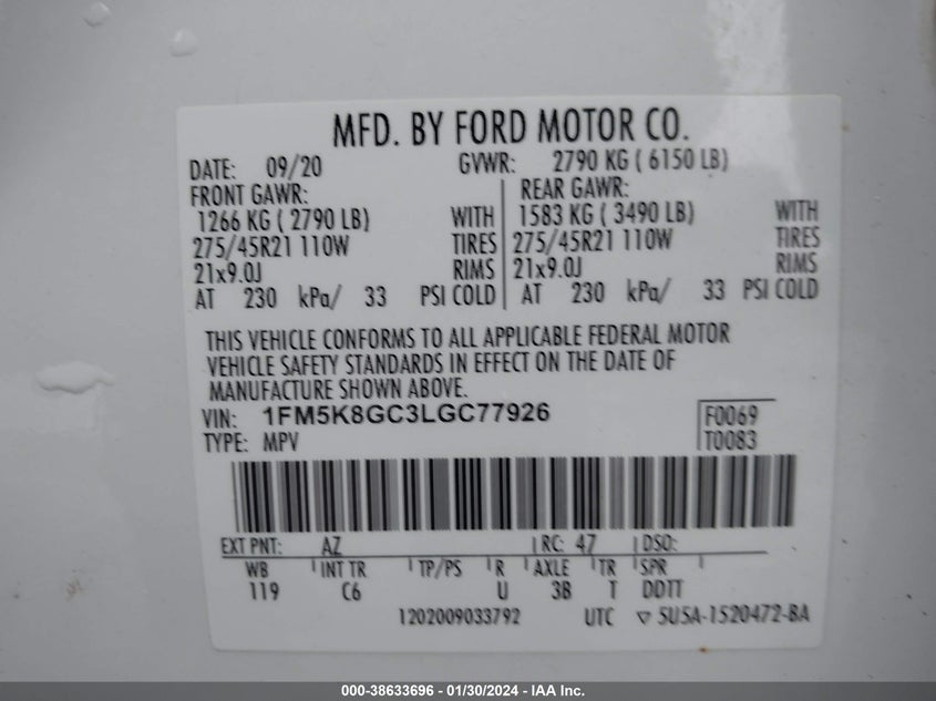 VIN 1FM5K8GC3LGC77926 2020 FORD EXPLORER ST