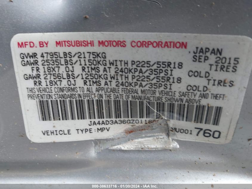 2016 MITSUBISHI OUTLANDER SE - JA4AD3A36GZ011605