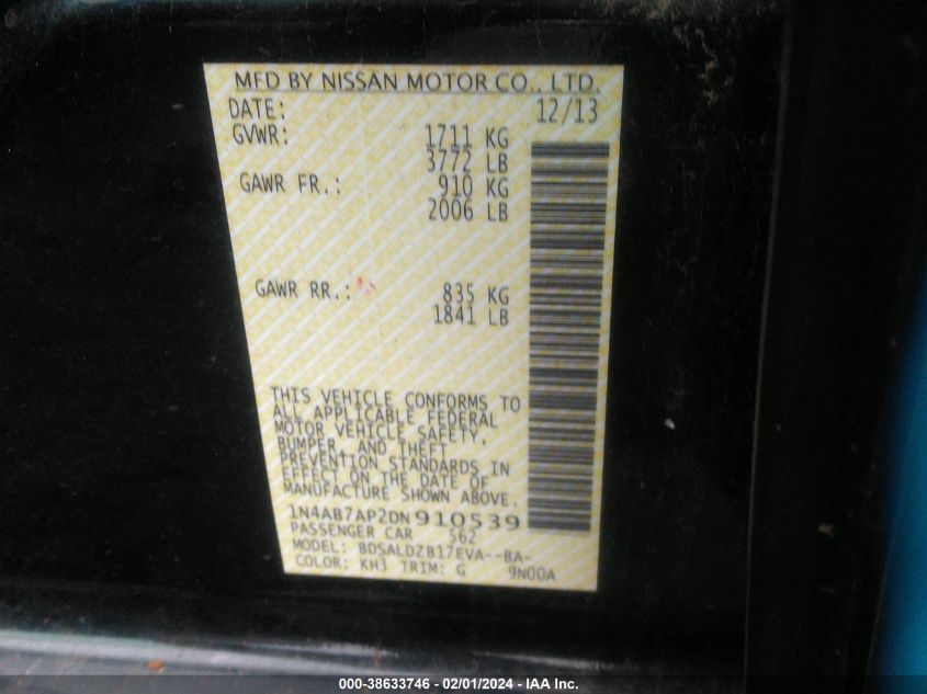 2013 NISSAN SENTRA S/SV/SR/SL - 1N4AB7AP2DN910539