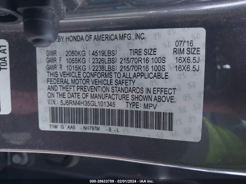 2016 HONDA CR-V LX - 5J6RM4H35GL101345