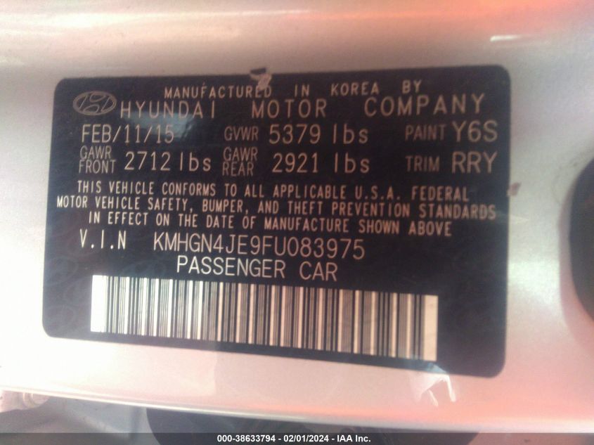 2015 HYUNDAI GENESIS 3.8L - KMHGN4JE9FU083975