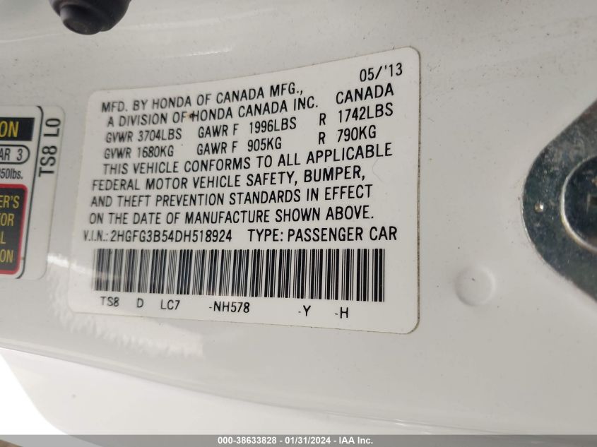 2013 HONDA CIVIC LX - 2HGFG3B54DH518924