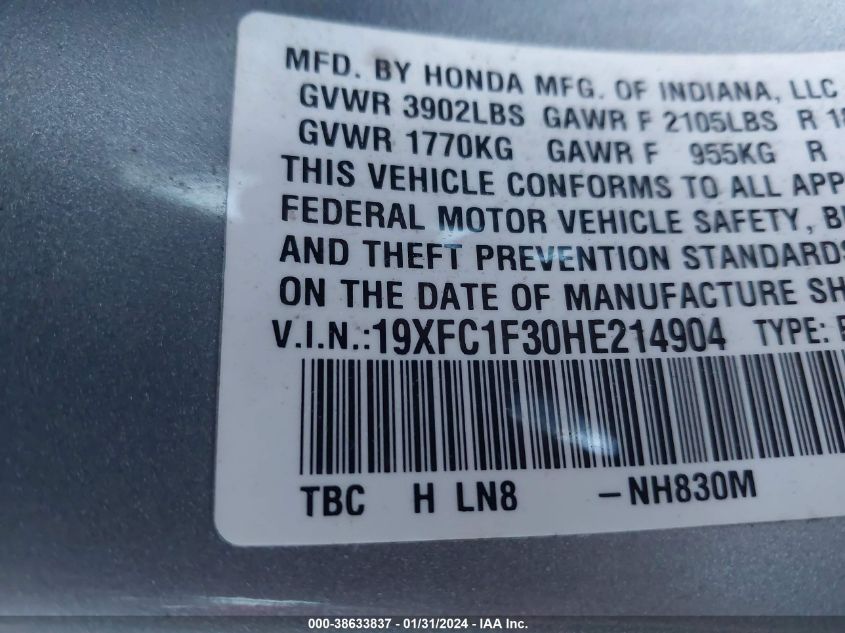 2017 HONDA CIVIC EX - 19XFC1F30HE214904