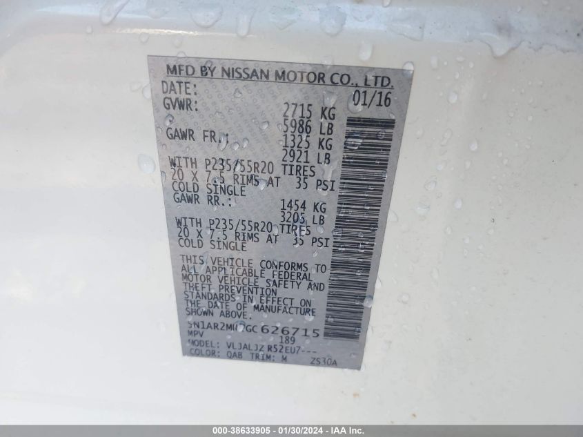 2016 NISSAN PATHFINDER PLATINUM - 5N1AR2MN2GC626715