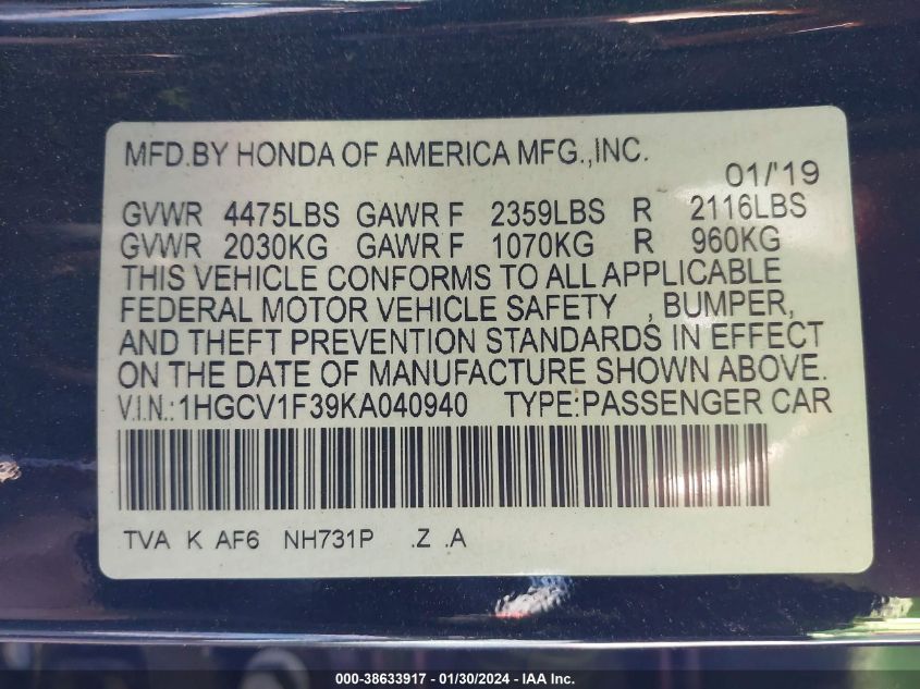 2019 HONDA ACCORD SPORT - 1HGCV1F39KA040940