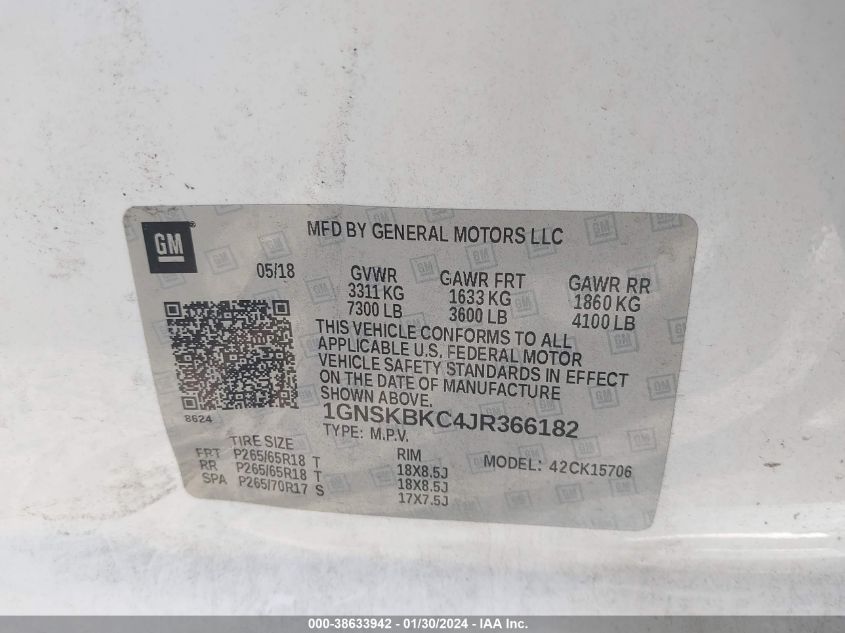 2018 CHEVROLET TAHOE LT - 1GNSKBKC4JR366182