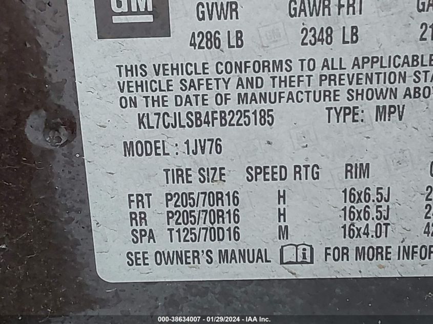 2015 CHEVROLET TRAX LT - KL7CJLSB4FB225185