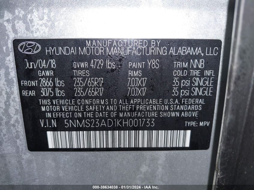 2019 HYUNDAI SANTA FE SE - 5NMS23AD1KH001733