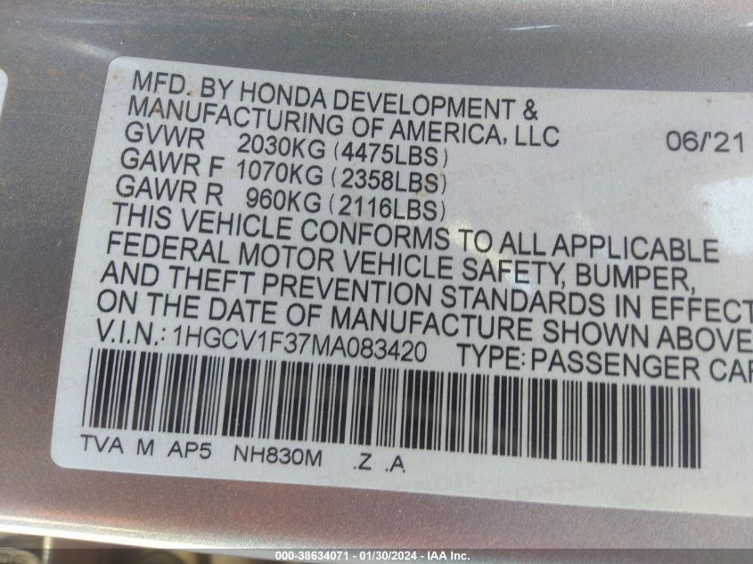 2021 HONDA ACCORD SPORT - 1HGCV1F37MA083420