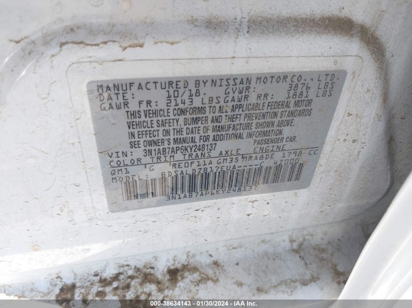 2019 NISSAN SENTRA S/SV/SR/SL - 3N1AB7AP6KY248137